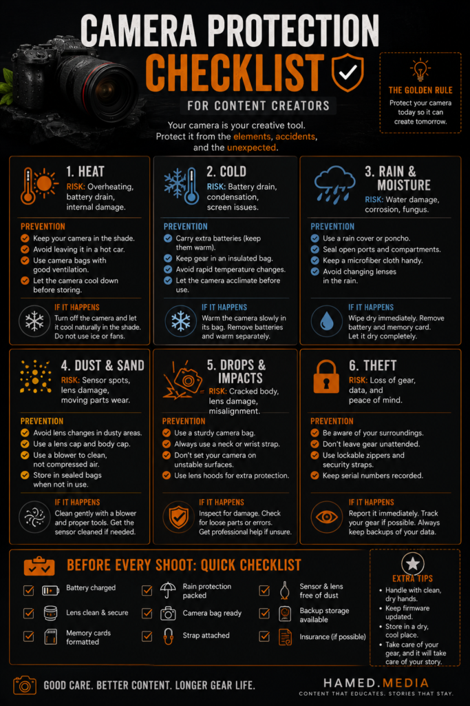 Camera protection checklist infographic covering weather, dust, impacts, and theft prevention