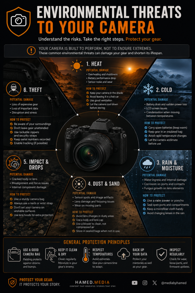 Diagram showing environmental risks that can damage cameras and photography equipment