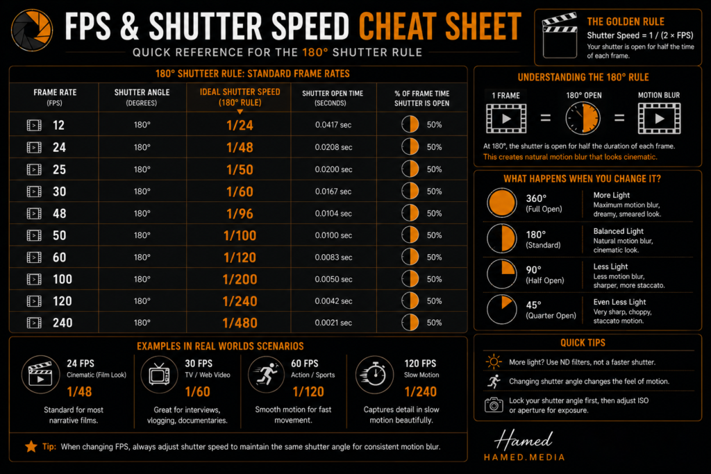 FPS and shutter speed cheat sheet showing ideal cinematic shutter speeds for common frame rates