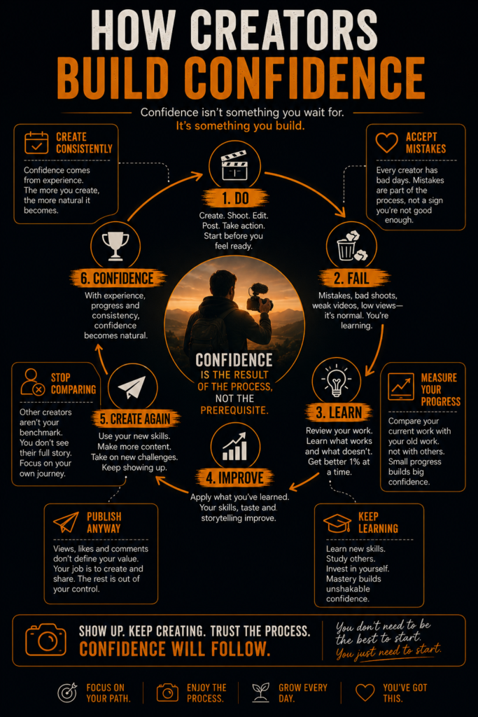 Infographic showing how content creators build confidence through practice, mistakes, learning, and consistent creation