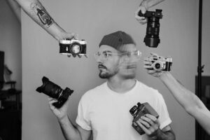 a person confused about how to choose a camera