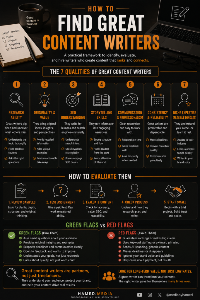 Infographic explaining how to identify and hire great content writers for blogs and websites