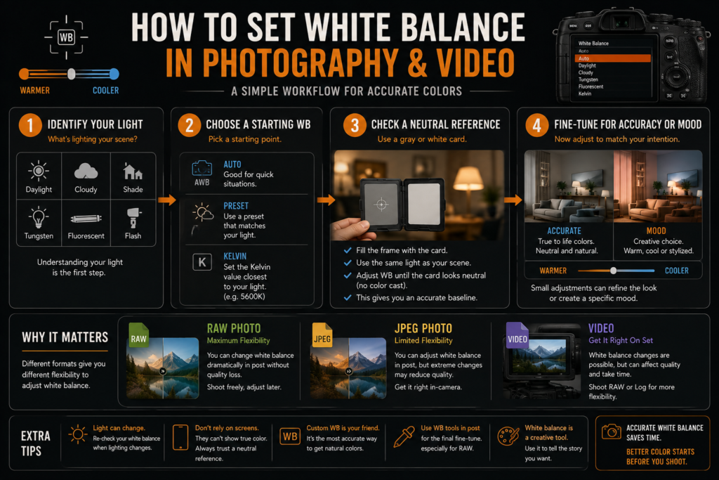 White balance workflow showing how to choose and set white balance for photography and video