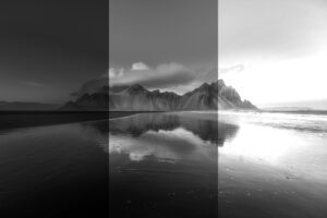 landscape photo, divided into 3 section, one with the right exposure, one overexposed and one underexposed, to show the importance of exposure in photography