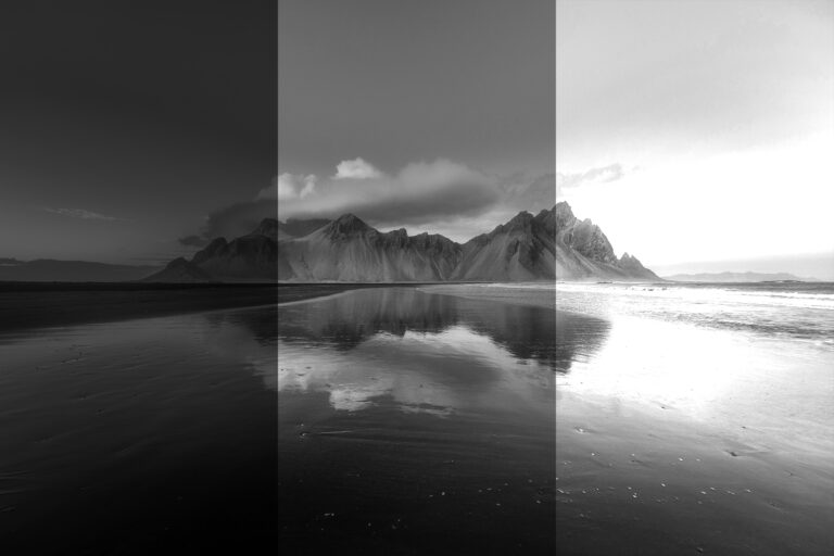 landscape photo, divided into 3 section, one with the right exposure, one overexposed and one underexposed, to show the importance of exposure in photography