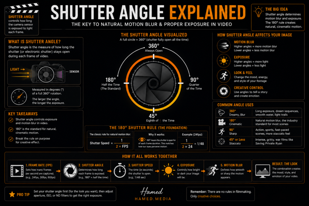 Shutter angle infographic explaining motion blur, exposure, and frame rate relationships in videography