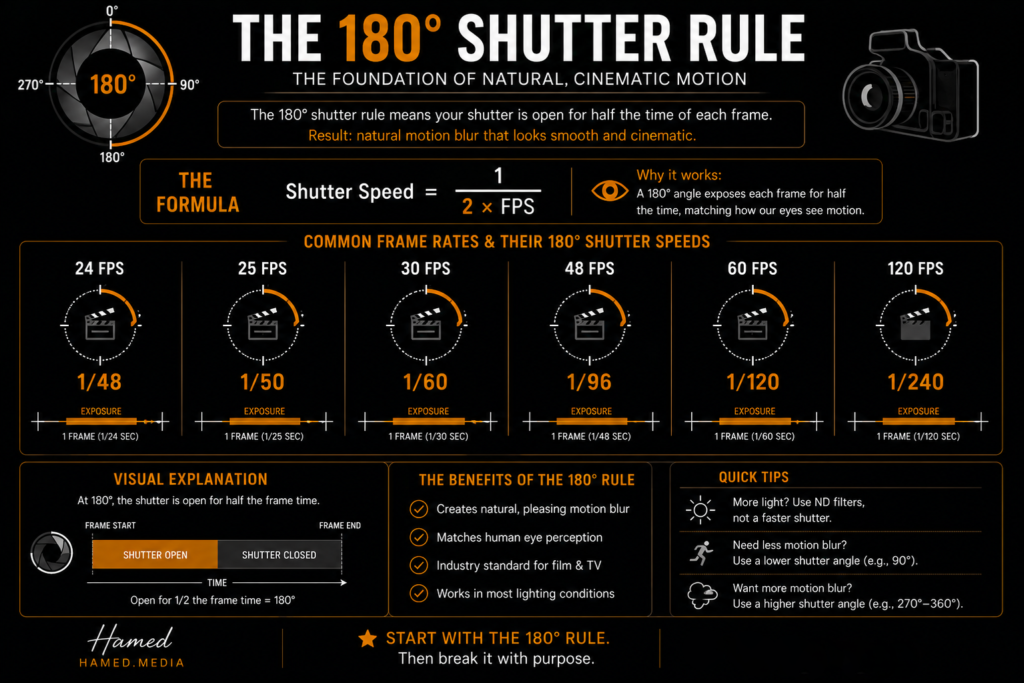 180 degree shutter rule infographic showing ideal shutter speeds for common video frame rates