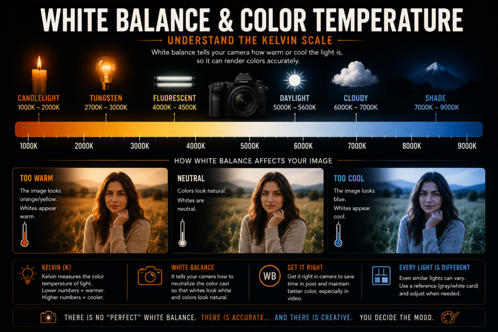 White balance color temperature scale showing Kelvin values from candlelight to shade