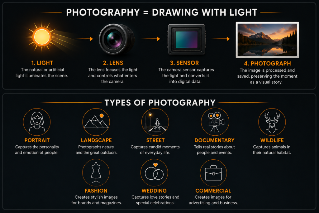 Diagram showing how light enters a camera lens, reaches the sensor, and becomes a photograph