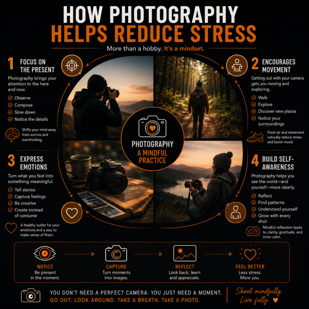 Infographic showing how photography helps reduce stress through mindfulness, movement, creativity, and self-awareness