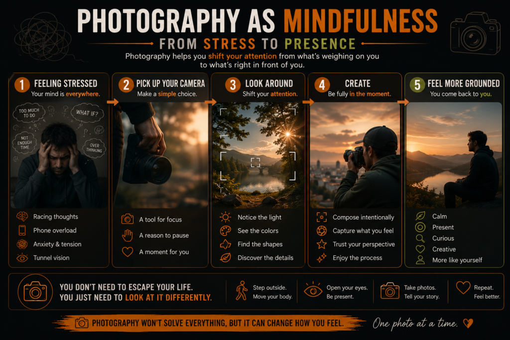 Visual guide showing how photography encourages mindfulness by shifting attention from stress to the present moment